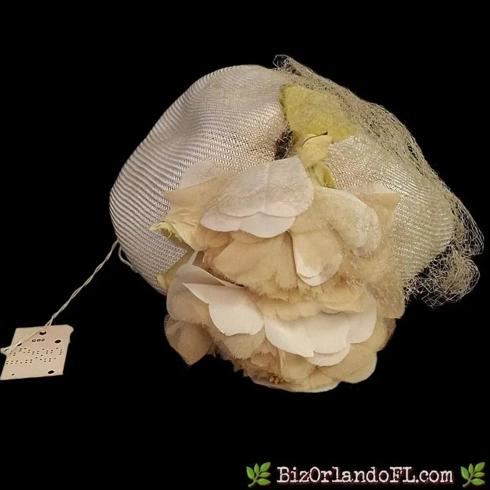 VINTAGE: 1950s Voguemont Cream Straw Pillbox Hat Flower Veil Goldblatts Tag MCM